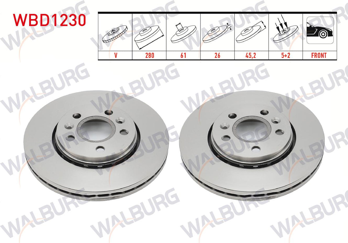 WALBURG WBD1230 Brake Disc Front Air 5 Bjn 280X26x61x45 Renault Kangoo Express (Fc0 / 1_) 1.5 dCi 2008 — Brake Rotors & Drums