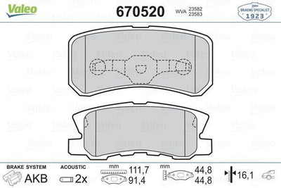 Valeo 670520 Rear Brake Pad Mitsubishi Pajero / Outlander / Peugeot 4007 2.2 HDi-2.5 TDI 2001- — Brake Pads