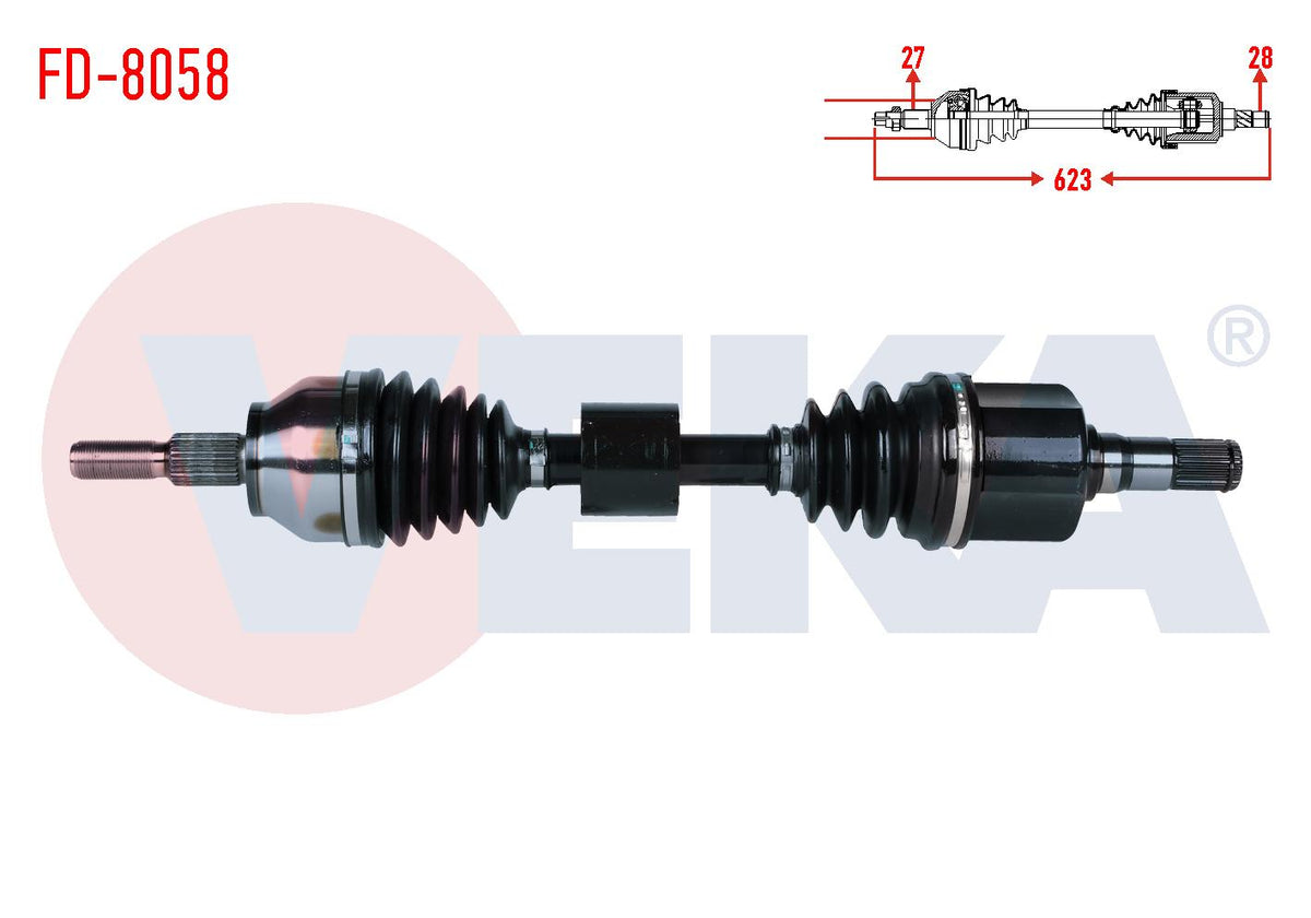 Veka FD-8058 Complete Axle Left Front Ford Focus 1.6 TDCi A-T Length 623mm 2015 — Axles, CV Joints & Boots