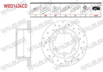 WALBURG WBD1434CD Brake Disc Rear Air Coated Performance Drilled 6 Bjn 285X22x120x93 M.Benz Sprinter 2 — Brake Rotors & Drums