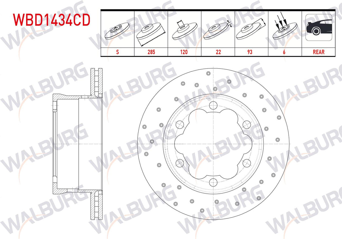 WALBURG WBD1434CD Brake Disc Rear Air Coated Performance Drilled 6 Bjn 285X22x120x93 M.Benz Sprinter 2 — Brake Rotors & Drums
