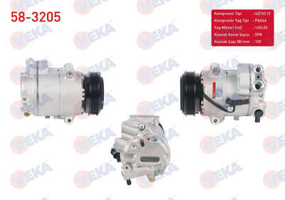 Veka 58-3205 A/C Compressor 5Pk 109mm Opel Astra J 1.4i 2009-2016 / Insignia 1.4 T 2008-/ Meriva B 1.4 2010-/ Chevrolet Cruze