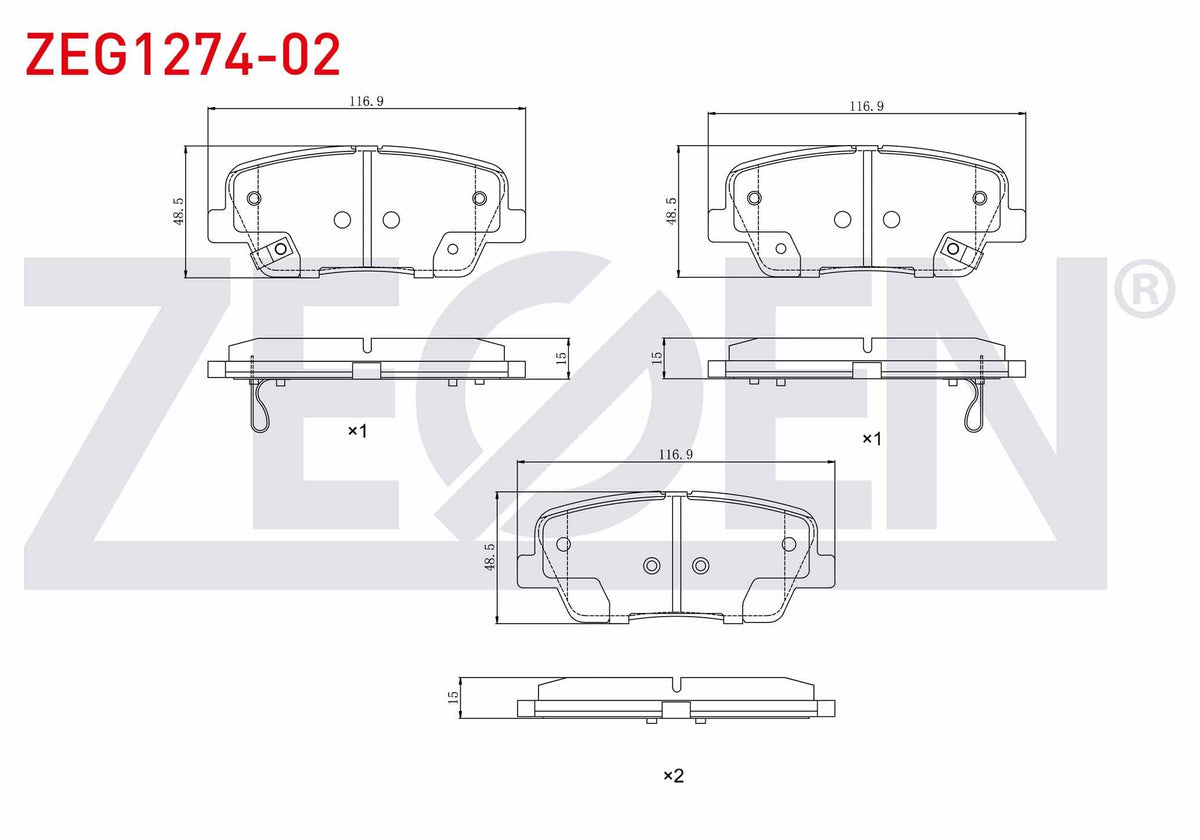 Zegen ZEG1274-02 Brake Pad Rear with Wear Indicator Kia Sorento II 2.0 2.2 CRDi 2009-2015 / Hyundai Santa Fe II — Brake Pads