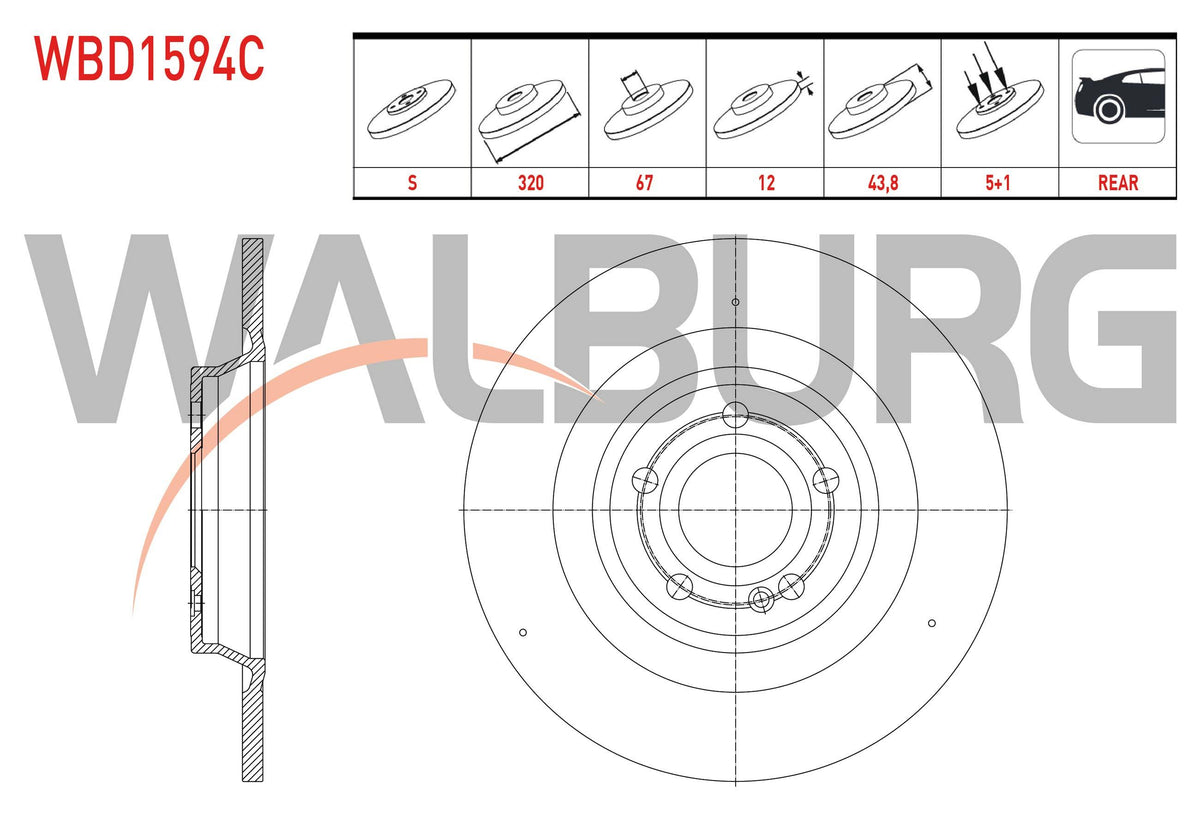 WALBURG WBD1594C Brake Disc Rear Straight Coated 5 Bjn 320X12x67x43,8 Mercedes A (W177) 180-180 D 200 2018-/ CLA (C118) 180 D-200 2019-/ B (W247) 180-180 D 2019-/ Gla (H247) 200 2020-/ Glb (X2
