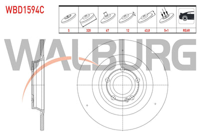 WALBURG WBD1594C Brake Disc Rear Straight Coated 5 Bjn 320X12x67x43 — Brake Rotors & Drums