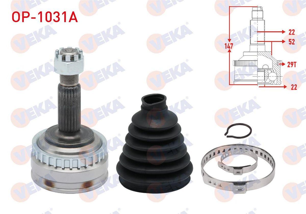 Veka OP-1031A CV Joint Left-Right Front Outer Opel Vectra B 1.6i ABS li 29 Outer 22X22x52 A-T Leng — Axles, CV Joints & Boots