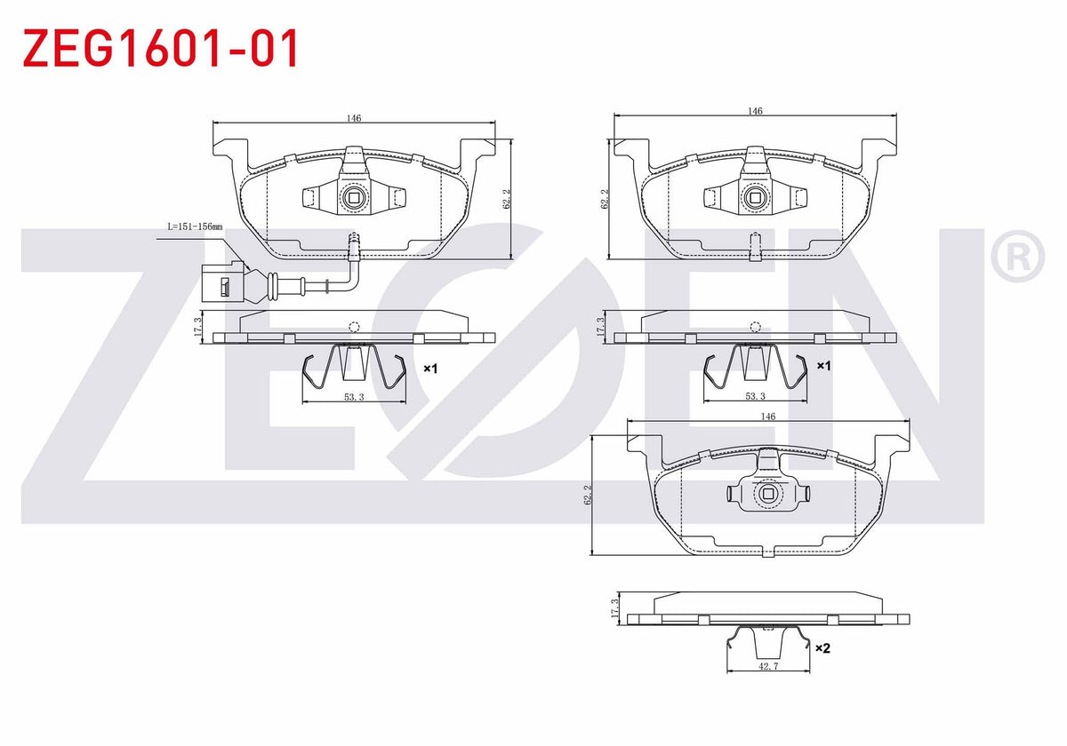 Zegen ZEG1601-01 Brake Pad Front with Connector VW Golf VII 2012-/ Polo 2017-/ T-Cross 2017-/ Skoda Octavia 2012 — Brake Pads