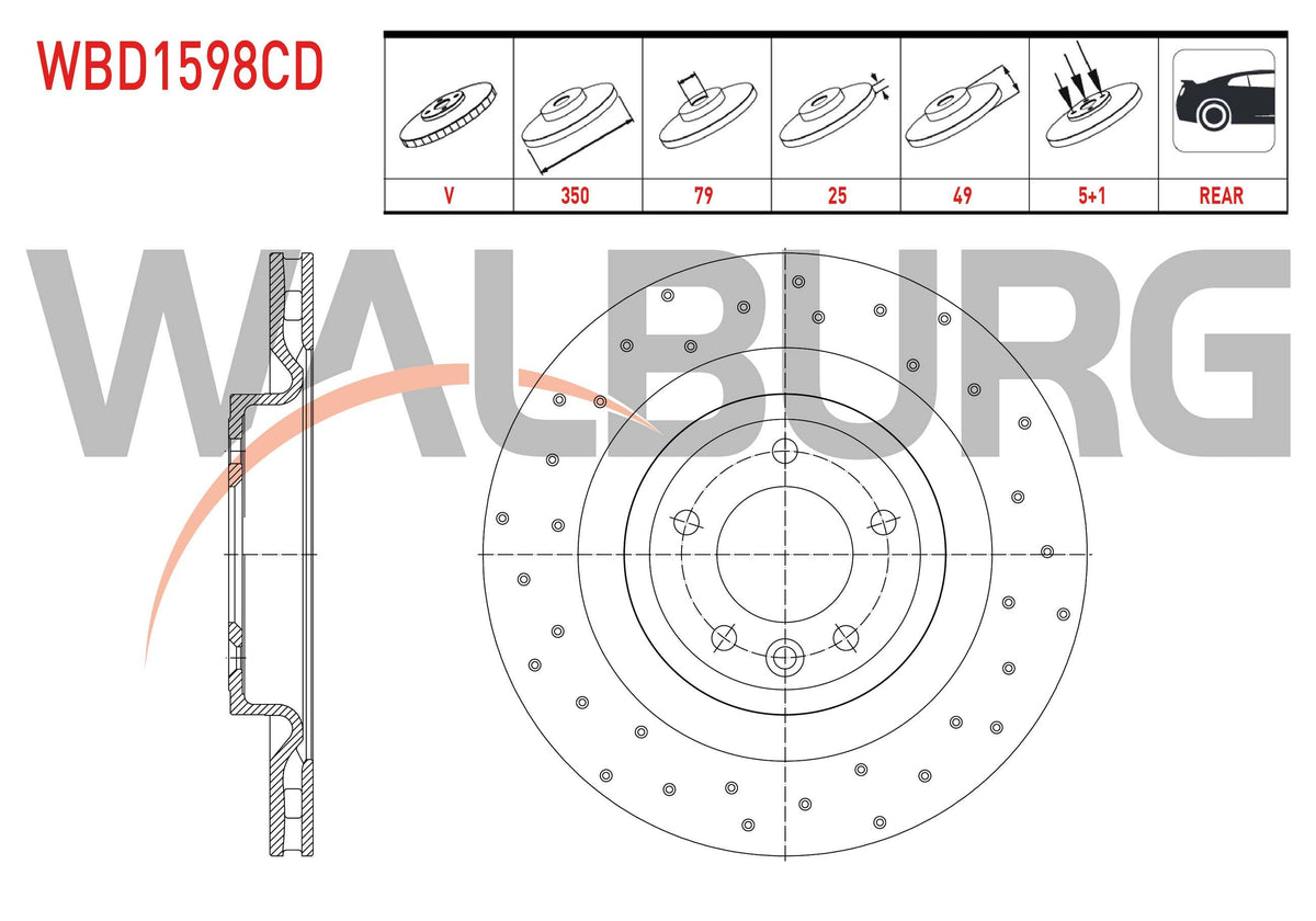 WALBURG WBD1598CD Brake Disc Rear Air Coated Performance Drilled 5 Bjn 350X25x79x49 Land Rover Range R — Brake Rotors & Drums