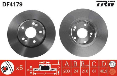 TRW DF4179 Brake Disc Front Renault Laguna II 01-15 280mm 5 Lug Air — Brake Rotors & Drums