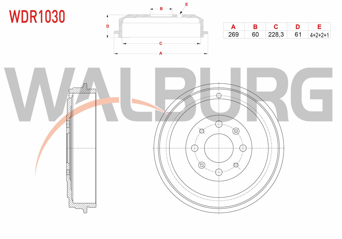WALBURG WDR1030 Brake Drum Rear 4 Hole 269X60x228,3X61 Fiat G.Punto 1.3 Mjt-1.4 2005-2012 / G.Punto Evo 1.3 Mjt-1.4 2008-2012 / Opel Corsa D 1.2-1.4-1.3 CDTi 2006-2014 / Corsa E 1.2-1.4