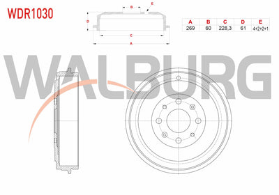 WALBURG WDR1030 Brake Drum Rear 4 Hole 269X60x228,3X61 Fiat G.Punto 1.3 Mjt-1.4 2005-2012 / G.Punto Ev — Brake Rotors & Drums