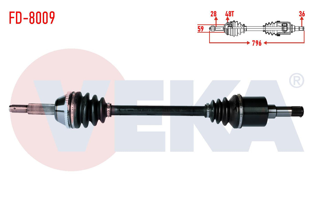 Veka FD-8009 Complete Axle Left Front Ford Transit (V347) 2.2 TDCi 130 Hp (Thin Shaft) ABS li 48 Outer Length 796mm 2006-2014