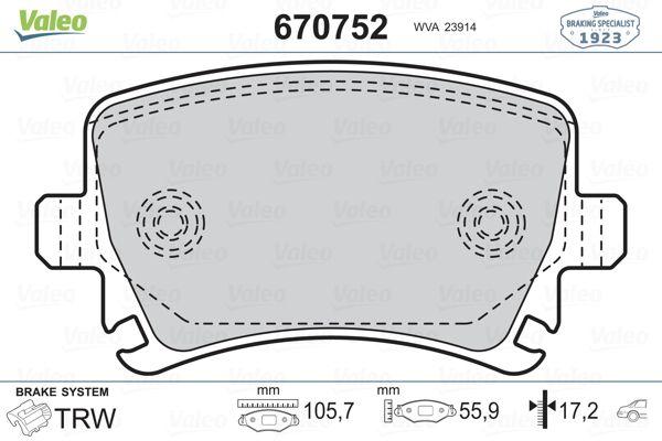 Valeo 670752 Brake Pad Rear 105mm VW Caddy III Golf V-VI A3 A4 A6 Passat Touran Leon Octavia — Brake Pads