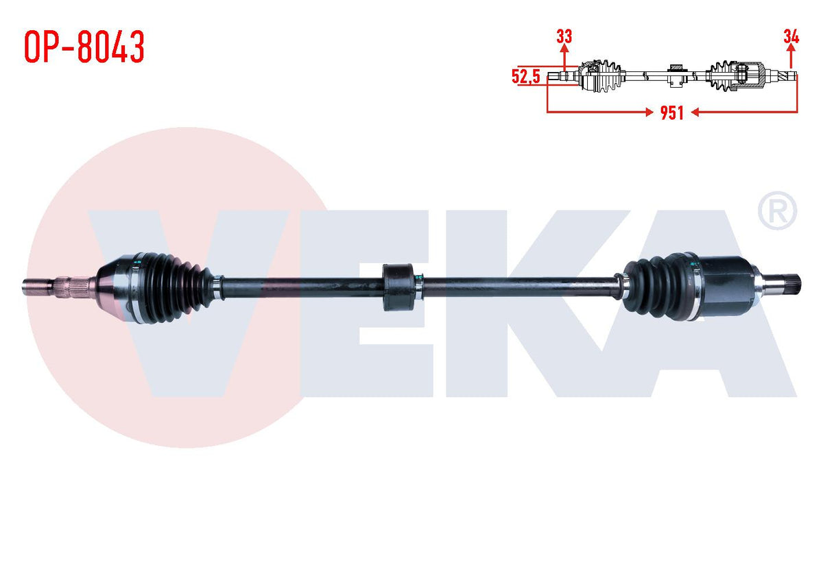 Veka OP-8043 Complete Axle Right Front Opel Astra J 1.4 T-1.6i A-T Length 951mm 2009-2016 — Axles, CV Joints & Boots
