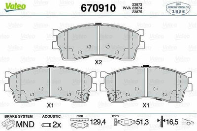 Valeo 670910 Brake Pads - Front Brake Set for 01-05 Shuma 1.6 + ABS