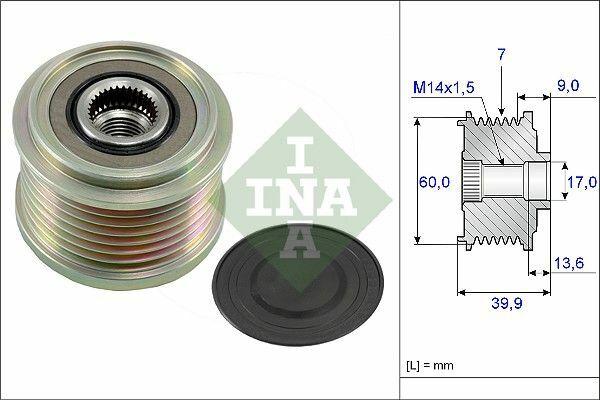 ina 535021510 alternator free movement pulley front view, ina 535021510 alternator pulley side view, technical specifications of ina 535021510 INA 535021510 Alternator Free Movement Pulley - R-50 / 53 W-17 | 7 Grooves INA 535021510 - Alternator Free Movement Pulley | R-50 W-17 ina, alternator-pulley, car-parts, automotive-accessories, engine-performace, r50, r53, pulley-system, vehicle-maintenance, ai-generated