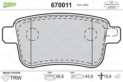 Valeo 670011 Brake Pad Rear Kangoo III Mercedes Citan 13 > 21 1.2 TCE 1.5 dCi 1.6 — Brake Pads