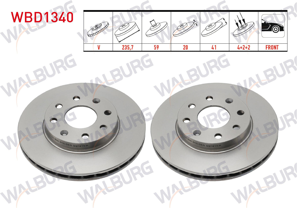 WALBURG WBD1340 Brake Disc Front Air 4 Bjn 235,7X20x59x41 Chevrolet Kalos (T200) 1.2-1.4-2003-2008 / A — Brake Rotors & Drums