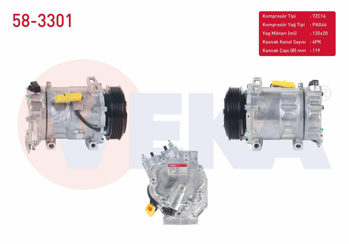 Veka 58-3301 A/C Compressor 6Pk 119mm Citroen Berlingo 1.6 HDi 2008-/ C4 2.0 2004-2009 / C4 Grand Picasso 1.6 HDi 2006-/ C5 I