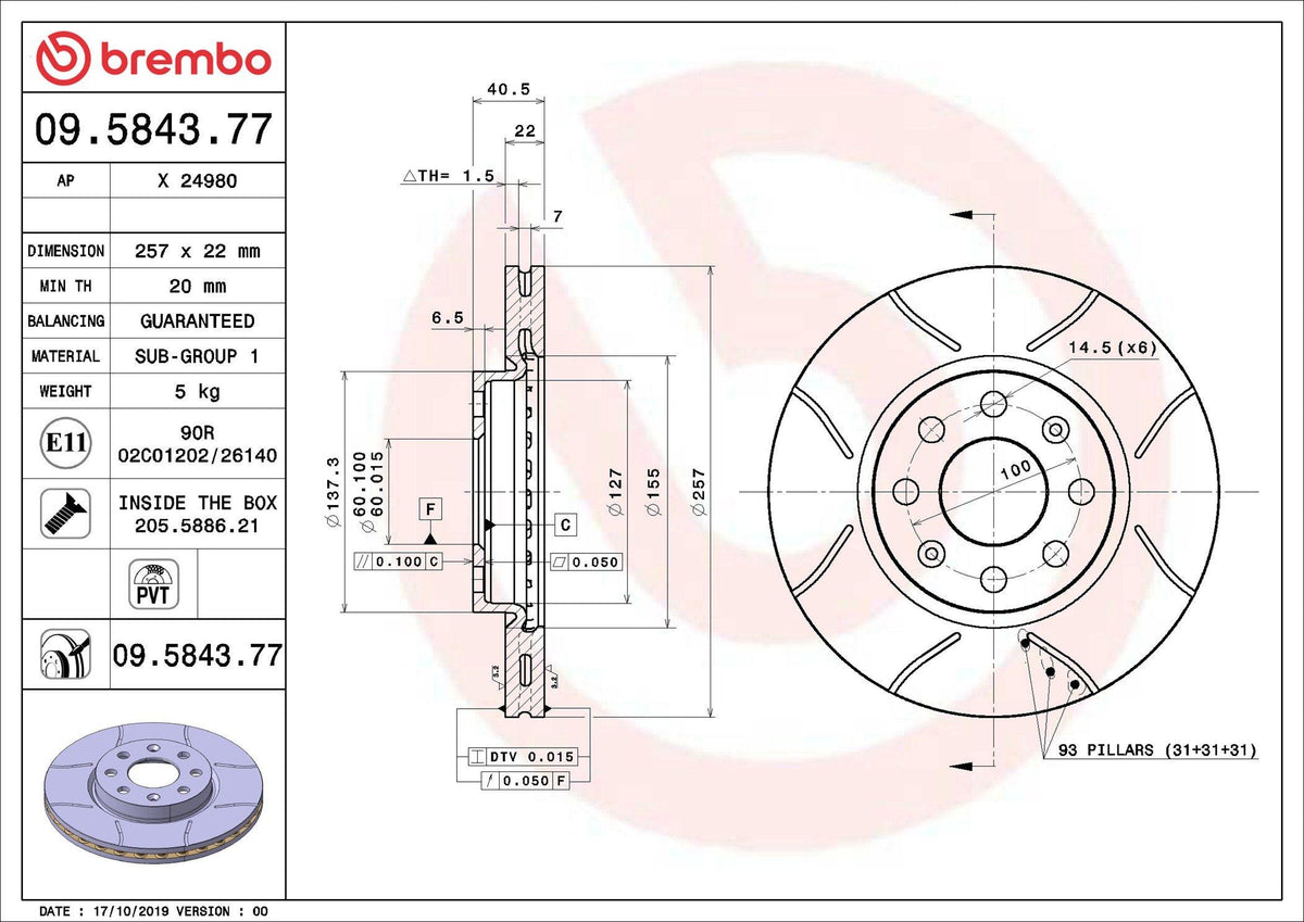 Brembo 09.5843.77 Brake Disc Front Air 257mm 6 Lug (Fiat Grande Punto Opel Corsa D1.2 1.4 1.3 CDTi 06 — Brake Rotors & Drums