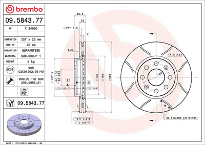 Brembo 09.5843.77 Brake Disc Front Air 257mm 6 Lug (Fiat Grande Punto Opel Corsa D1.2 1.4 1.3 CDTi 06 — Brake Rotors & Drums