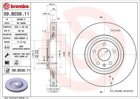 BREMBO 09.B038.11 - 340mm Front Brake Disc for Audi TT 2006-2014 — Brake Rotors & Drums