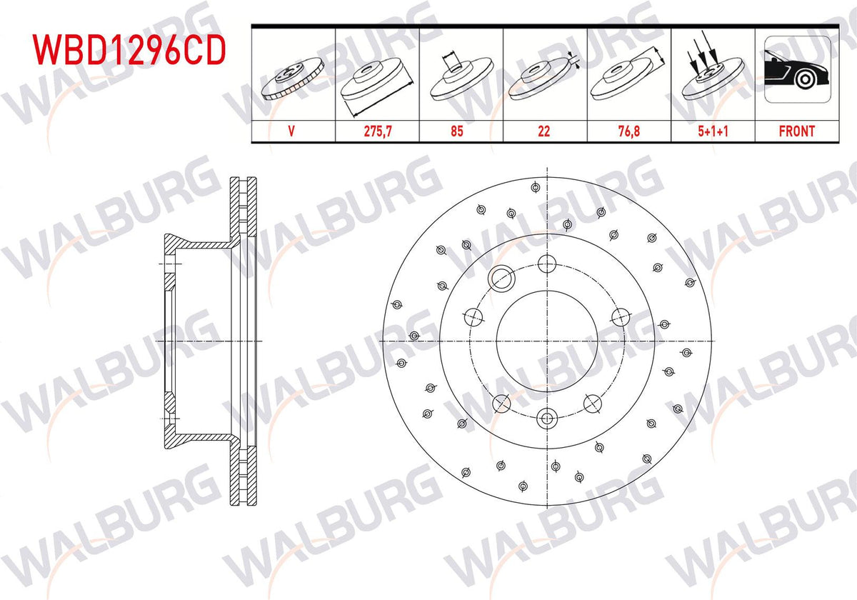 WALBURG WBD1296CD Brake Disc Front Air Coated Performance Drilled 5 Bjn 275,7X22x85x76 — Brake Rotors & Drums