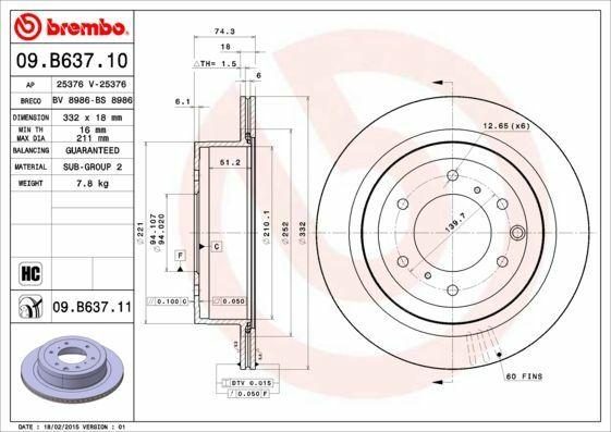 Brembo 09.B637.11 Brake Discs High Carbon Ventilated Type Compatible with Mitsubishi Pajero — Brake Rotors & Drums