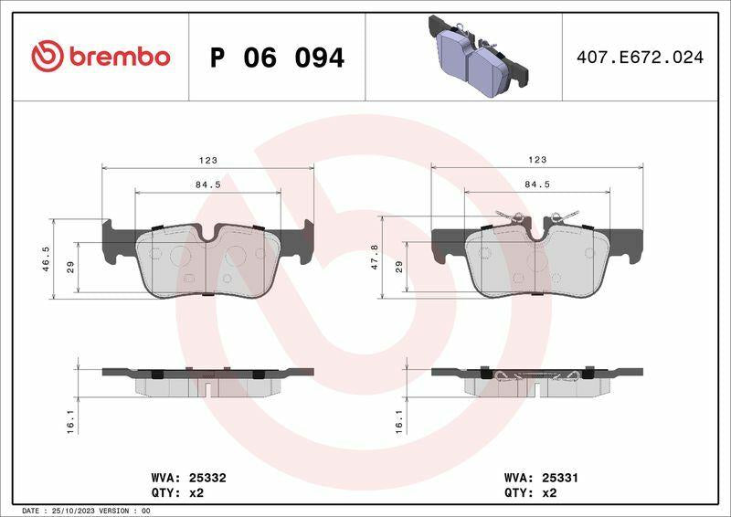 BREMBO P06094 Brake Pads - Rear for BMW F40-F45-F46-F48