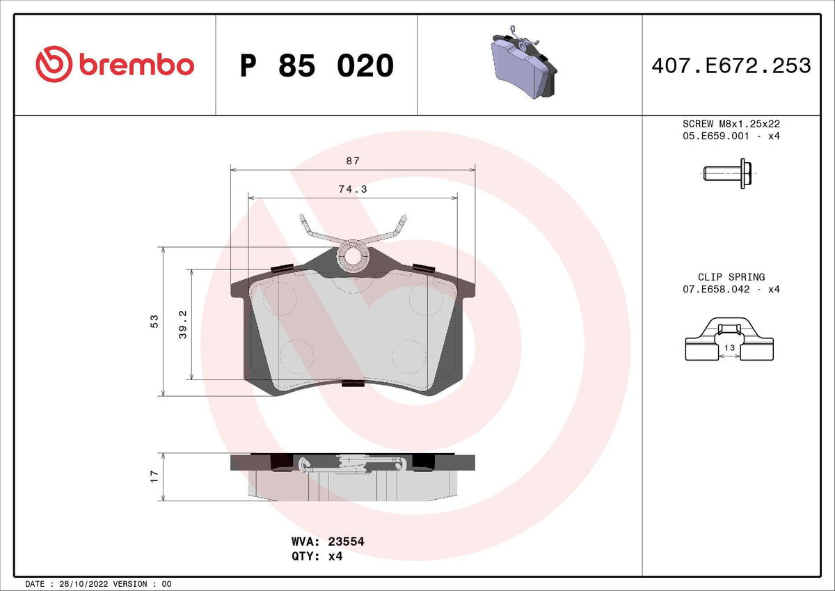 Brembo P85020X Brake Pad Rear Kablosuz 17mm (Renault Megane II Peugeot 307 Citroen C3 / C4 -) Xtra — Brake Pads
