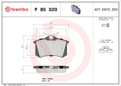 Brembo P85020X Brake Pad Rear Kablosuz 17mm (Renault Megane II Peugeot 307 Citroen C3 / C4 -) Xtra — Brake Pads