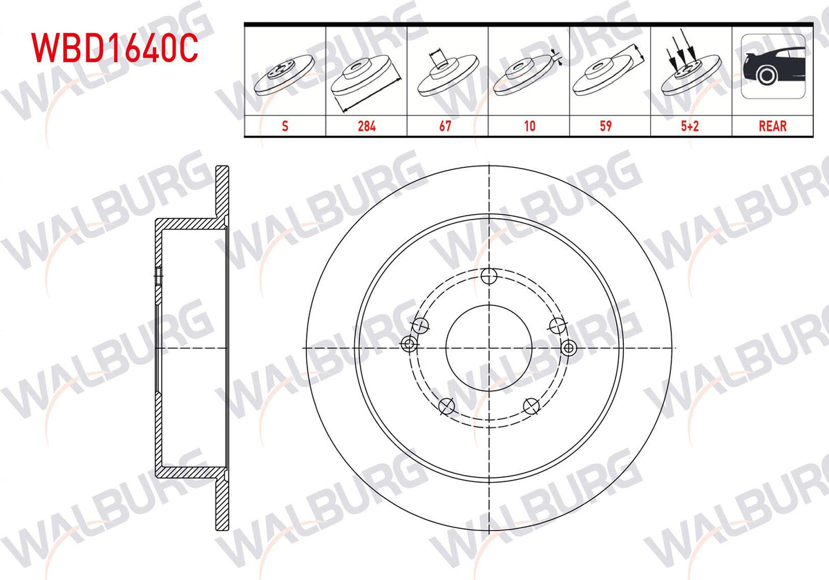 WALBURG WBD1640C Brake Disc Rear Straight Coated 5 Bjn 284X10x67x59 Ssangyong Korando 2.0 4Wd 2010-/ Tivoli 1.6 XDi 4Wd 2015-| Set of 2