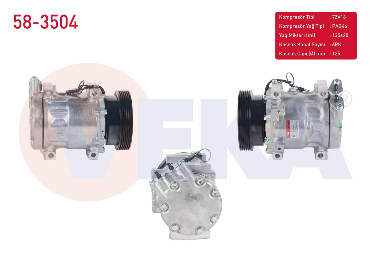 Veka 58-3504 A/C Compressor 6Pk 125mm Dacia Duster 1.5 dCi-1.6 16V 2010-/ Logan 1.5 dCi 2004-2012 / Sandero 1.5 dCi 2008-2013