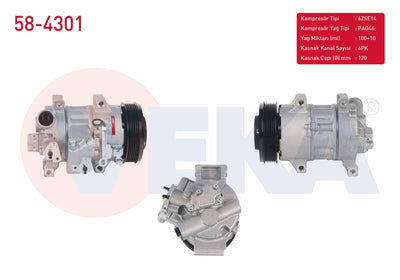 Veka 58-4301 A/C Compressor 6Pk 120mm Toyota Auris (Zre15) 1.6 Vvt-I 2007-2012 / Avensis (T27) 1.6i 2009-/ Corolla (E15_) 1.6