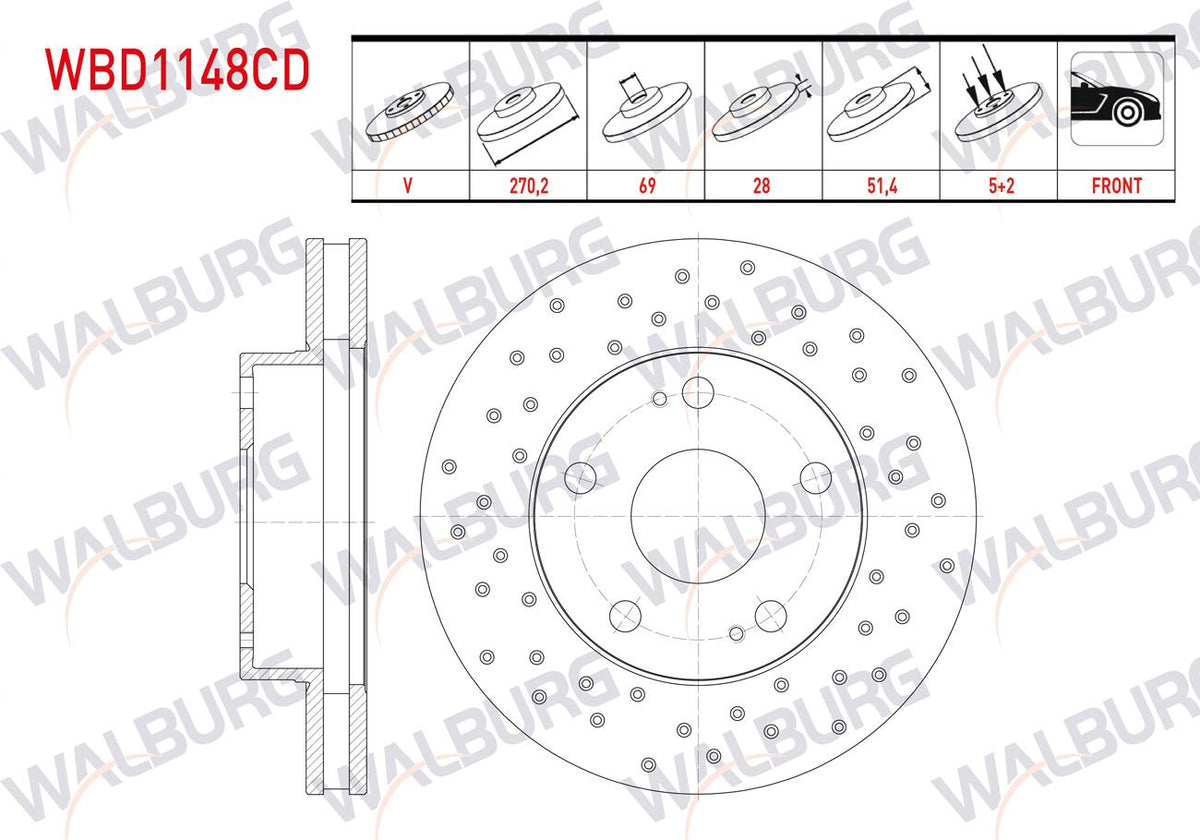 WALBURG WBD1148CD Brake Disc Front Air Coated Performance Drilled 5 Bjn 270,2X28x69x51,4 Mitsubishi L200 (Kbt,Kat) 2.5 DiD Single Cabin 2005-| Set of 2