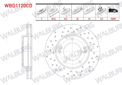 WALBURG WBD1120CD Brake Disc Front Air Coated Performance Drilled 5 Bjn 301,8X28x96 — Brake Rotors & Drums