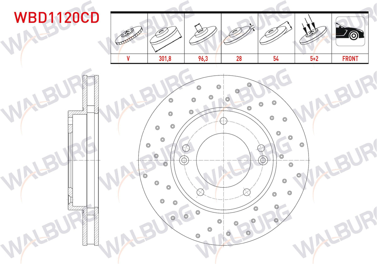 WALBURG WBD1120CD Brake Disc Front Air Coated Performance Drilled 5 Bjn 301,8X28x96 — Brake Rotors & Drums
