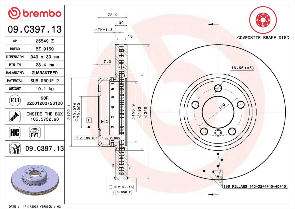 Brembo 09.C397.13 Brake Disc Front BMW F20/F21/F22/F23/F30/F31/F32/F33/F34/F36/F80/F82/F83/F87 12-21 S — Brake Rotors & Drums