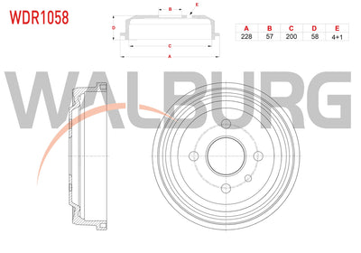 WALBURG WDR1058 Brake Drum Rear 4 Hole 228X57x200x58 Opel Astra F 1.4i-1.6i 1991-1998 / Astra F Classi — Brake Rotors & Drums