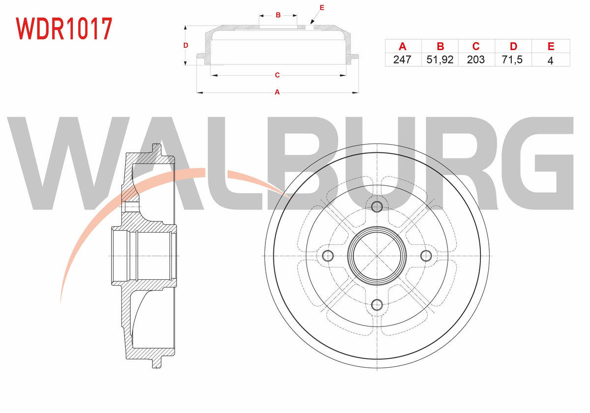 WALBURG WDR1017 Brake Drum Rear 4 Hole 247X51,92X203x71 — Brake Rotors & Drums