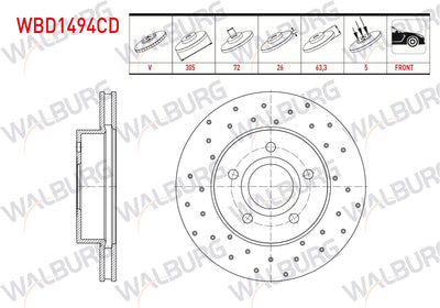 WALBURG WBD1494CD Brake Disc Front Air Coated Performance Drilled 5 Bjn 305X26x72x63 — Brake Rotors & Drums