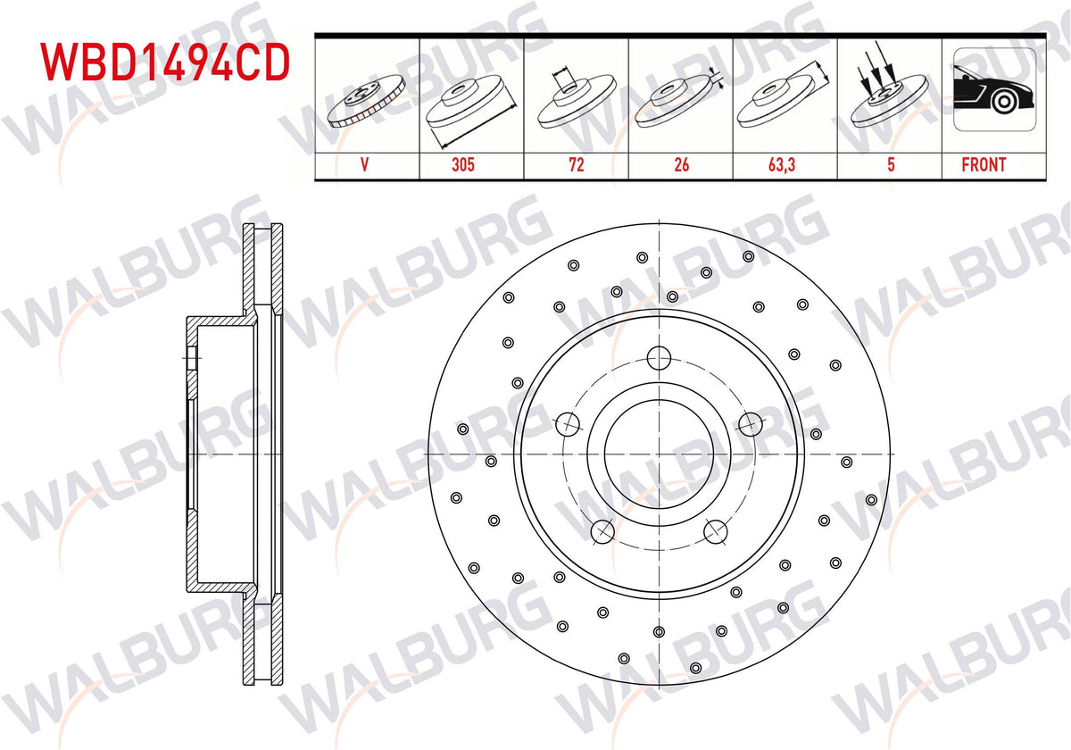 WALBURG WBD1494CD Brake Disc Front Air Coated Performance Drilled 5 Bjn 305X26x72x63 — Brake Rotors & Drums