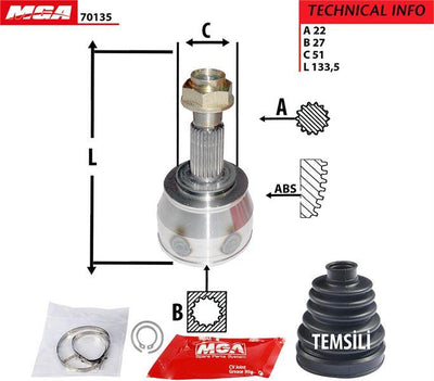 MGA 70135 CV Joint Outer-(Fiat: Grande Punto 1.3 JTD 05-/ Corsa D 1.3 Dth 07-/ Fiorino Automatic) — Axles, CV Joints & Boots
