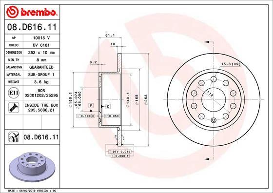 Brembo 08.D616.11 Brake Disc Rear Skoda Octavia 3 2012-2021 253x10 5x112 — Brake Rotors & Drums