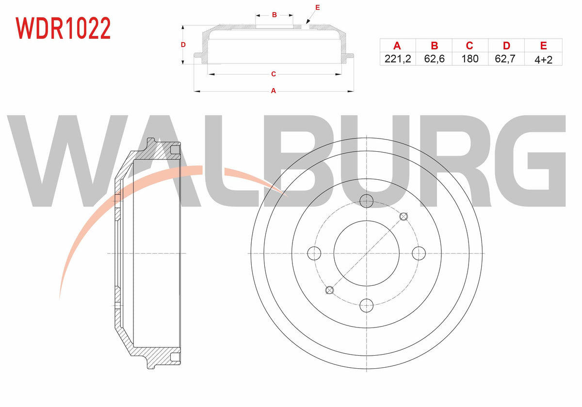 WALBURG WDR1022 Brake Drum Rear 4 Hole 221, 2X62 and 2 more models — Brake Rotors & Drums