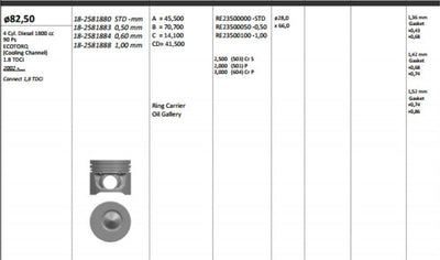 King 182581880 Piston 82.50 mm (Std) Ford Transit Connect 1.8 TDCi 01-(90 Ps) (Rıken with Piston Rings) — Pistons & Rotating