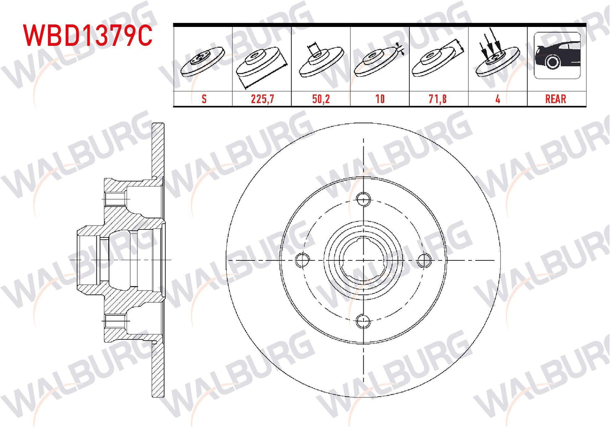 WALBURG WBD1379C Brake Disc Rear Straight Coated 4 Bjn 225, 70X10x50 and 2 more models — Brake Rotors & Drums