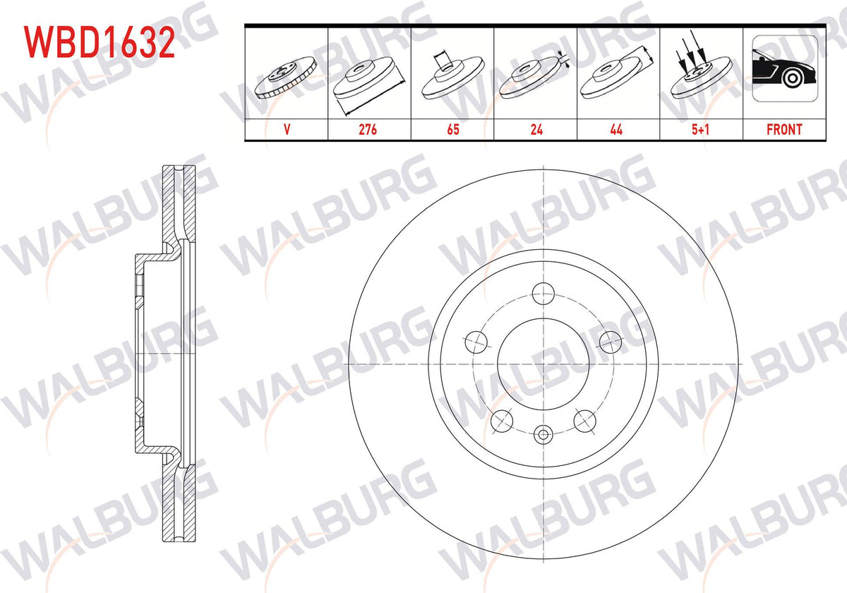 WALBURG WBD1632 Brake Disc Front Air 5 Bjn 276X24x65x44 Skoda Kamiq 2019-/ Scala 2019-/ VW Polo VI 201 — Brake Rotors & Drums