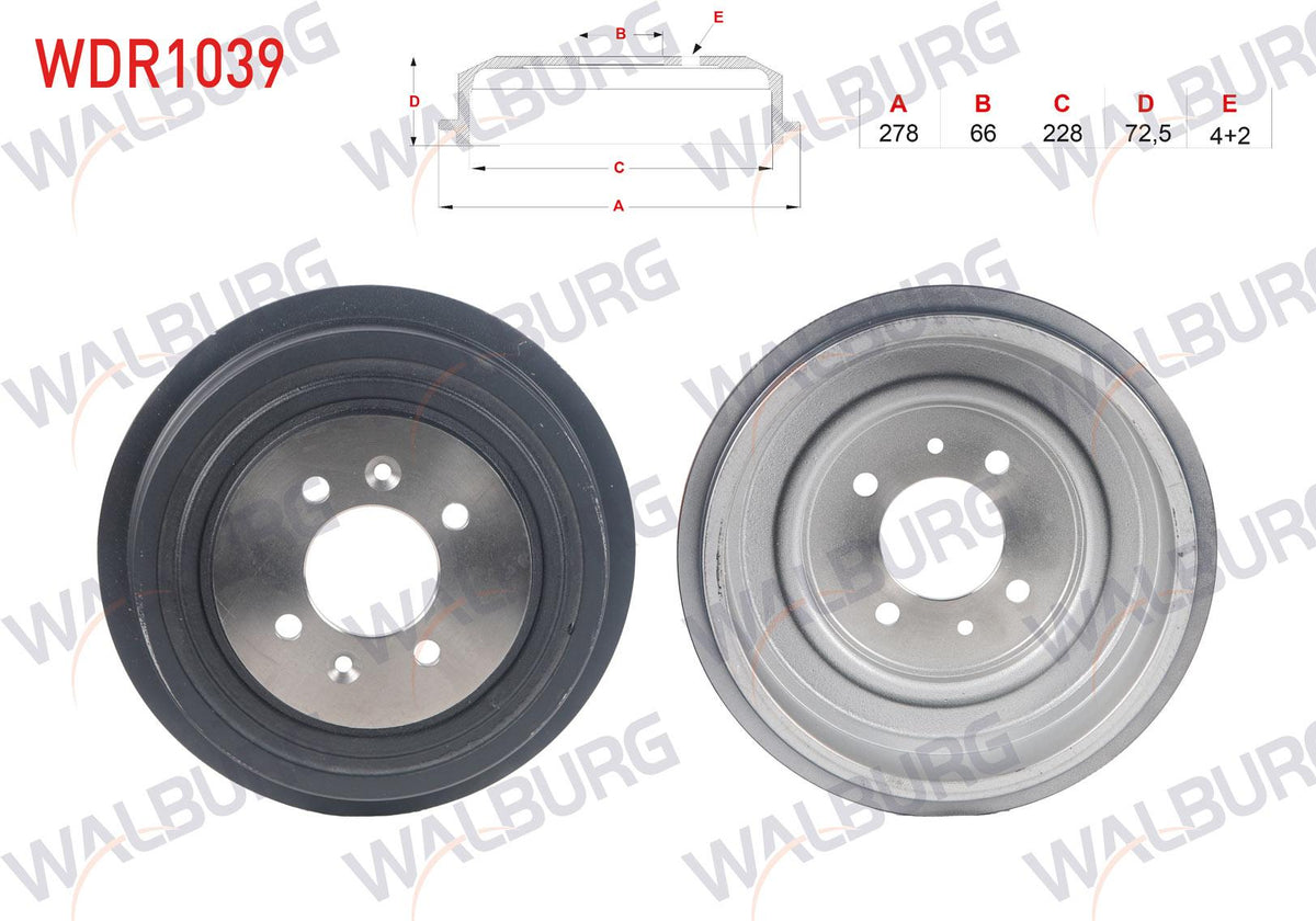 WALBURG WDR1039 Brake Drum Rear 4 Hole Renault Kangoo 1.5 dCi 1998-2008 — Brake Rotors & Drums