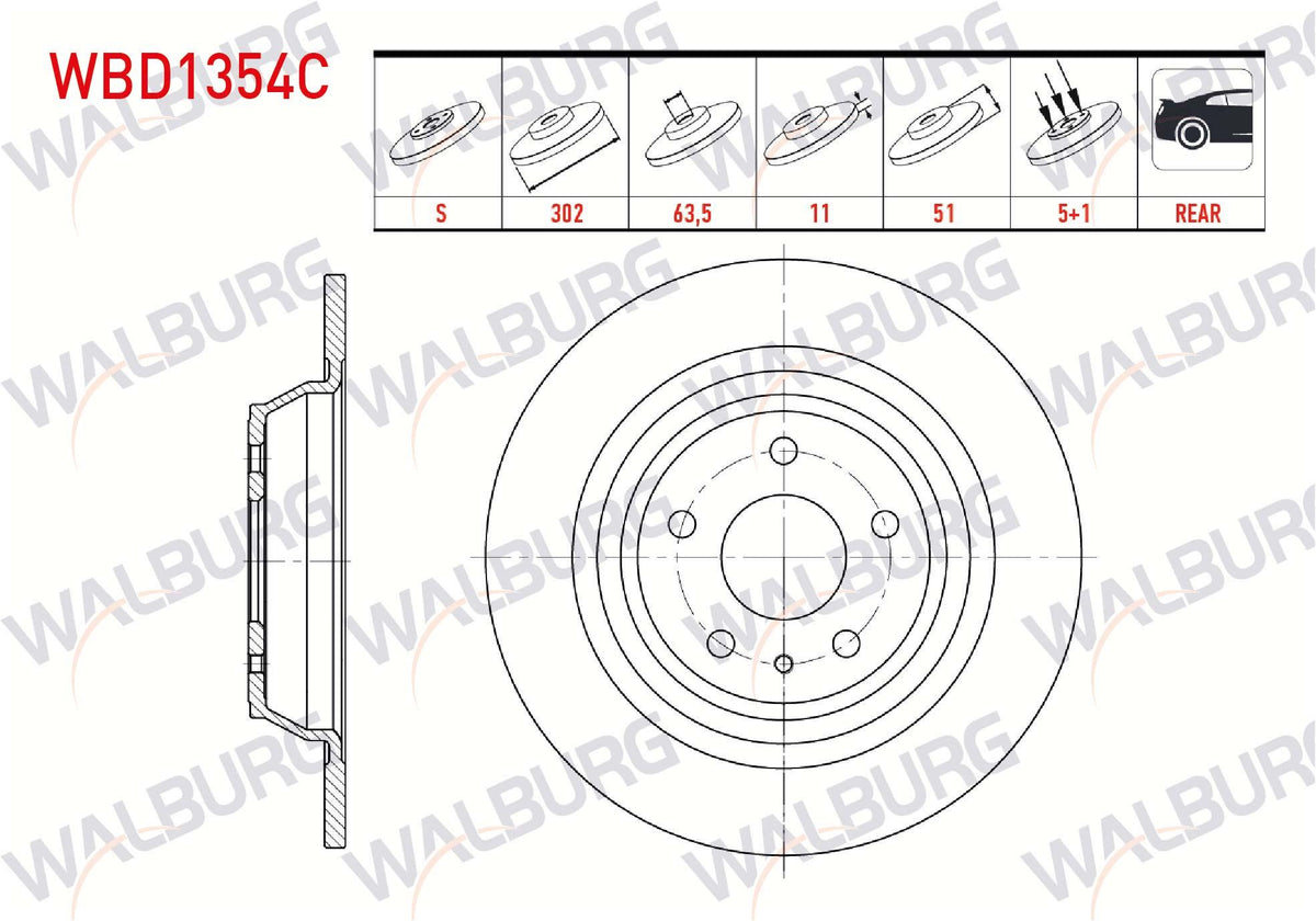 WALBURG WBD1354C Brake Disc Rear Straight Coated 5 Bjn 302X11x63 — Brake Rotors & Drums